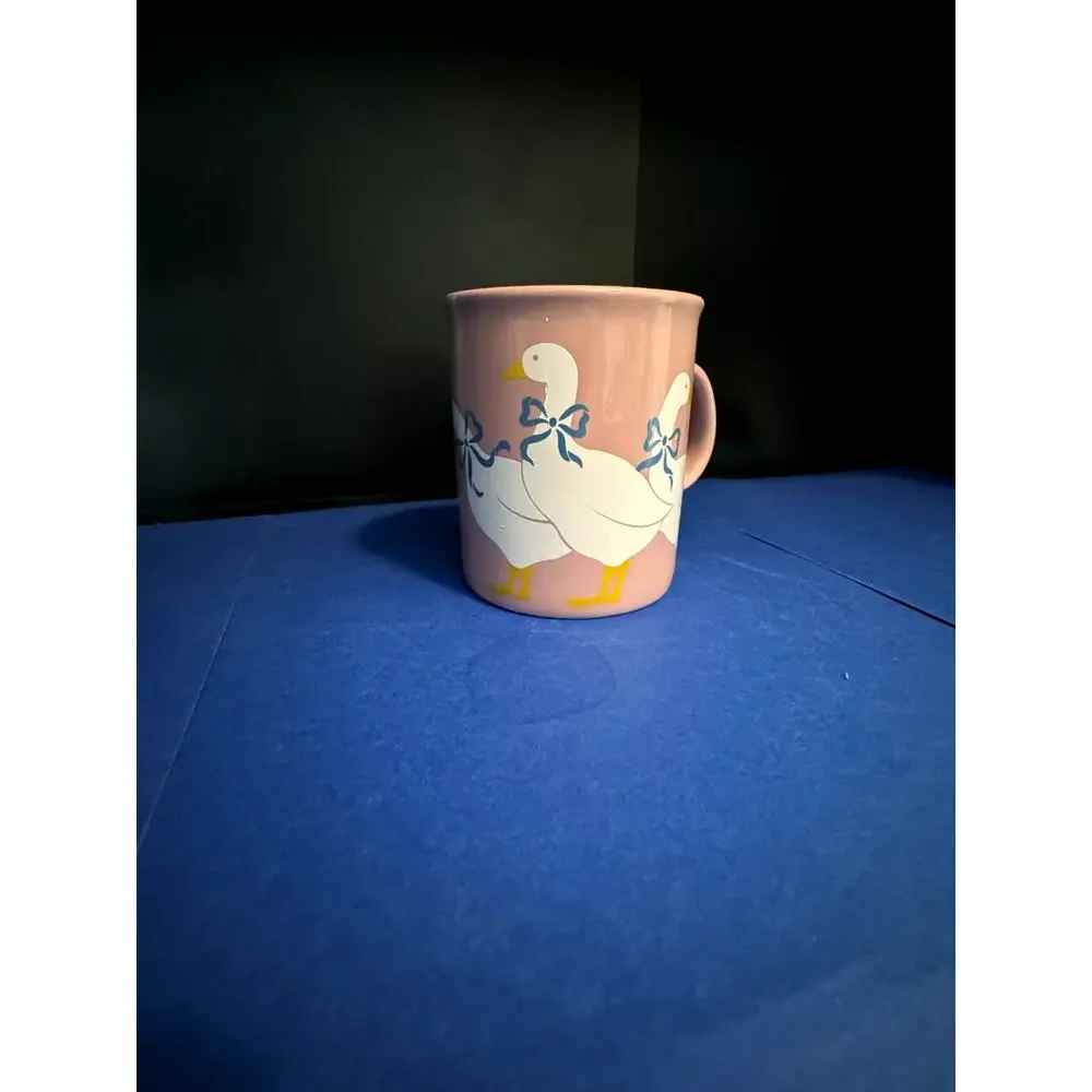 Vintage 1980s Geese with Blue Ribbons Pink Coffee Mug Made in England